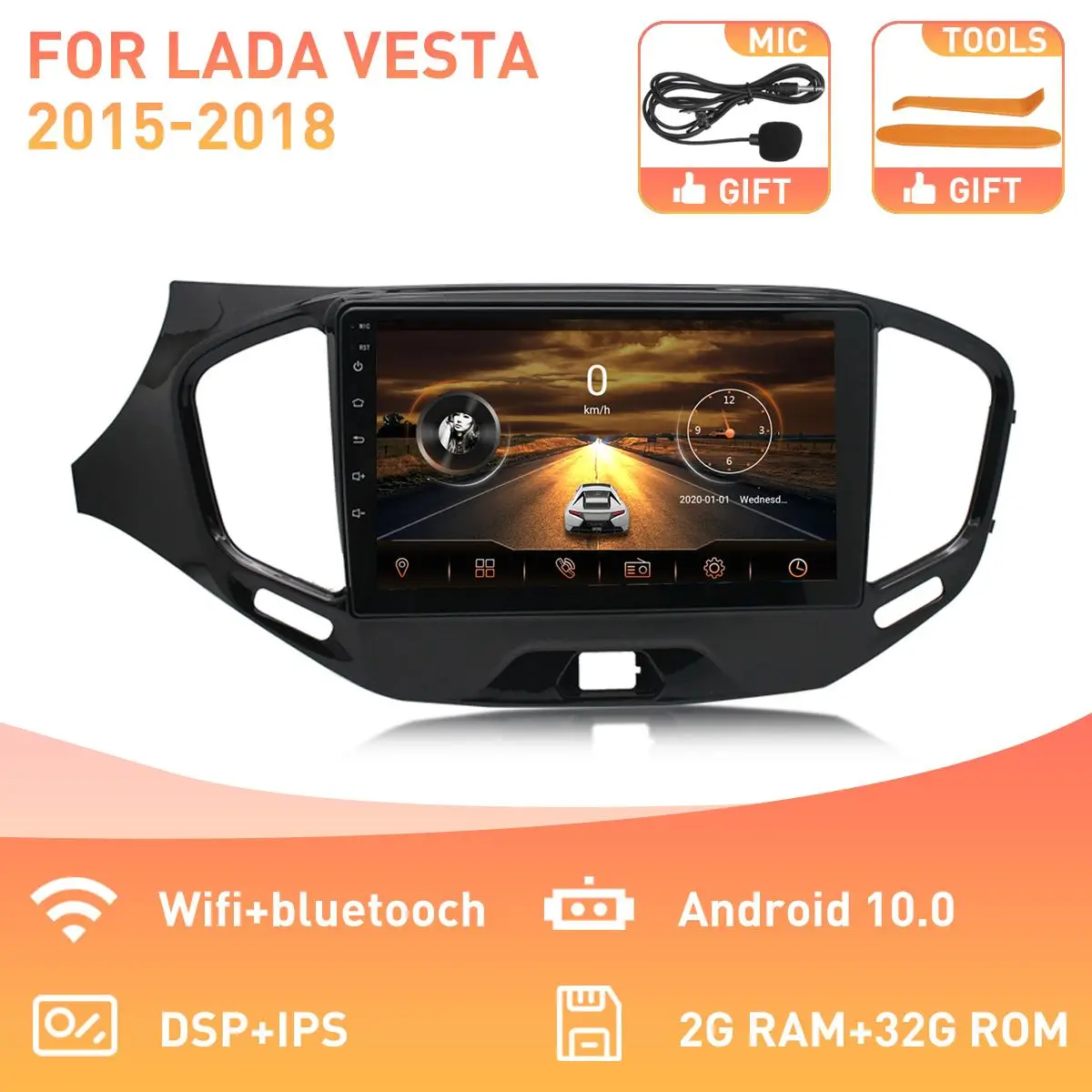 2 din 10 Android autoraadio Multimeedia Video Mängija Carplay 4G Wifi gps LADA Vesta Risti Sport 2015 2016 2017 2018