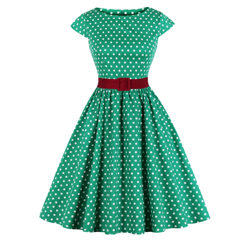 2021 Roheline Retro Polka Dot 1950. aastate Rockabilly Plisseeritud Kleit Vöö Kork Varrukad Suvel Naiste Kõrge Vöökoht Vintage Tuunika Midi Kleidid