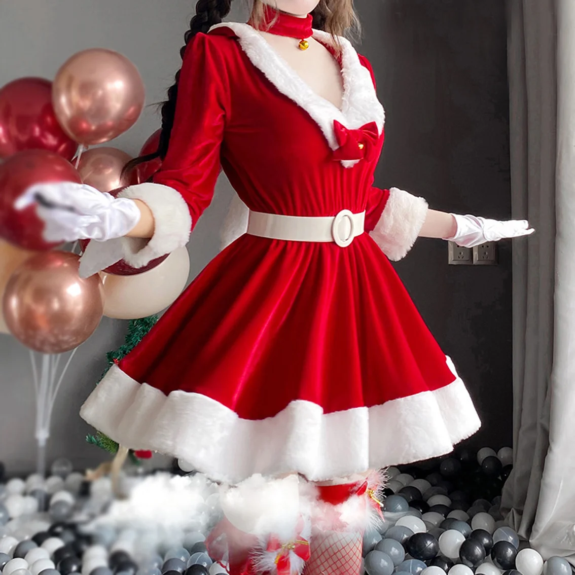 2022 Naiste Jõulud Xmas Lady Santa Claus Cosplay Kostüüm Seksikas Naistepesu Talv Pikk Varrukas Punane Kleit Neiu Bunny Tüdruk Ühtne