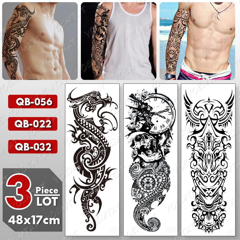 3 tk/palju Suuri Käe Varruka Dragon Tattoo Maoori Totem Veekindel Ajutine Tatto Kleebis Kolju Body Art Täielik Võlts Tätoveering Naised Mehed Pilt 0 