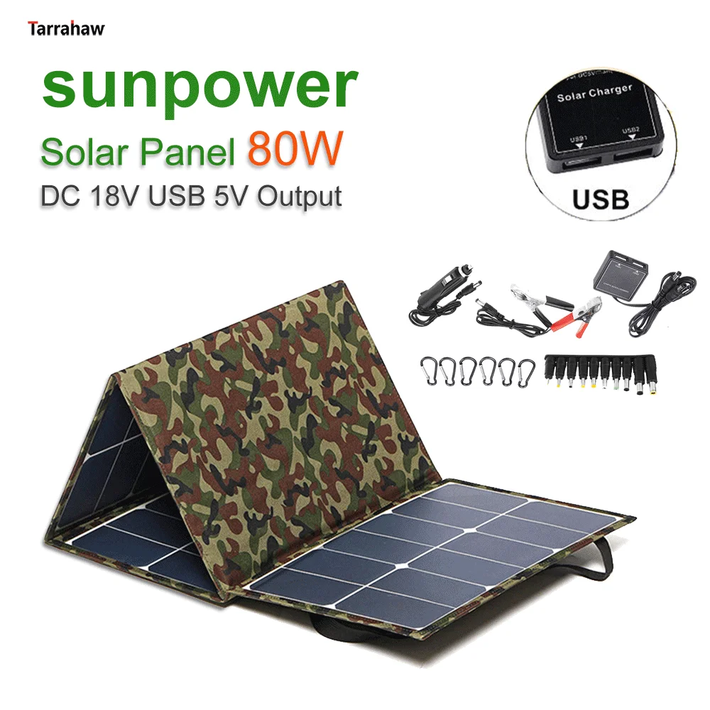 80W Sunpower Solar Panel DC 12V 18V päikesepatareid USB 5V Laadija Telefon, Tahvelarvuti, Sülearvuti Laadimine Väljas Kaasaskantav Kokkupandav Bag