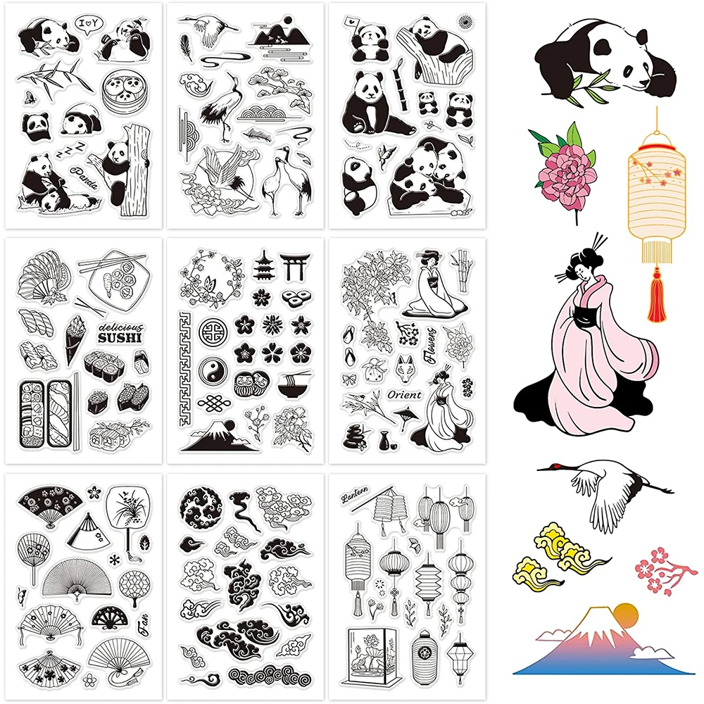 9 Lehed Oriental Stiilis Lõikamine Sureb ja Silikoon Selge Templid Tihend Sushi Panda Geisha Fänn Laterna Pilv Kaardi Tegemise Decor