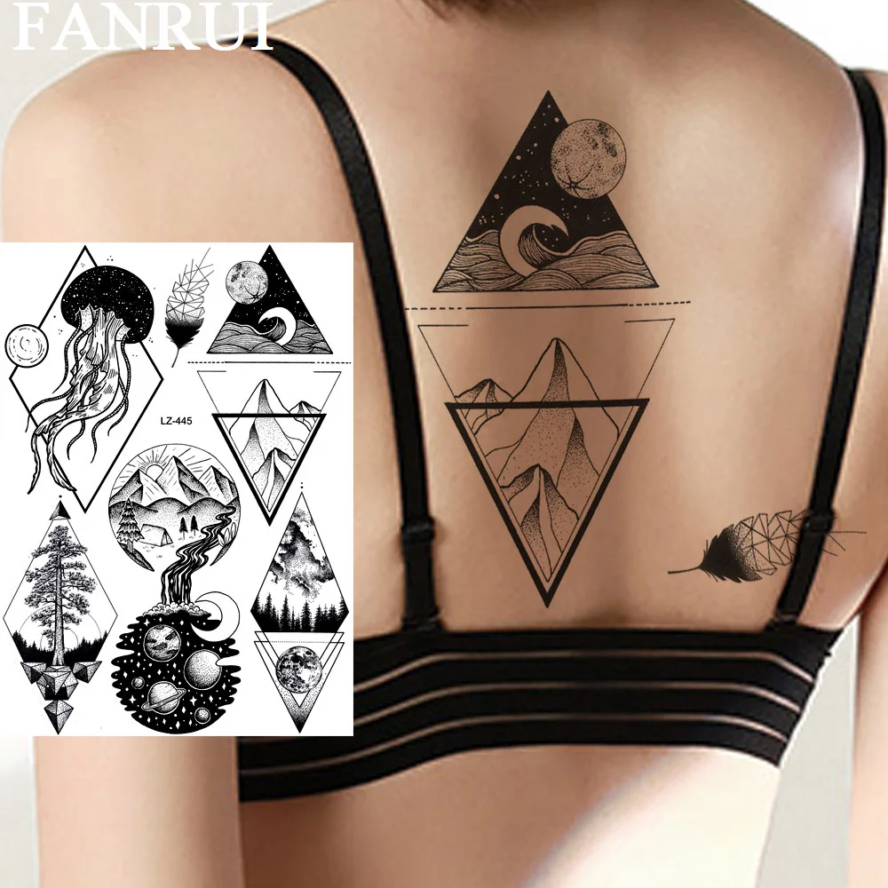 FANRUI Millimallikas Geomeetriline Mägi Galaxy Star Ajutiste Tätoveeringute Naiste Kleebis Võltsitud Triangle Tattoo Tatoos Body Art Must