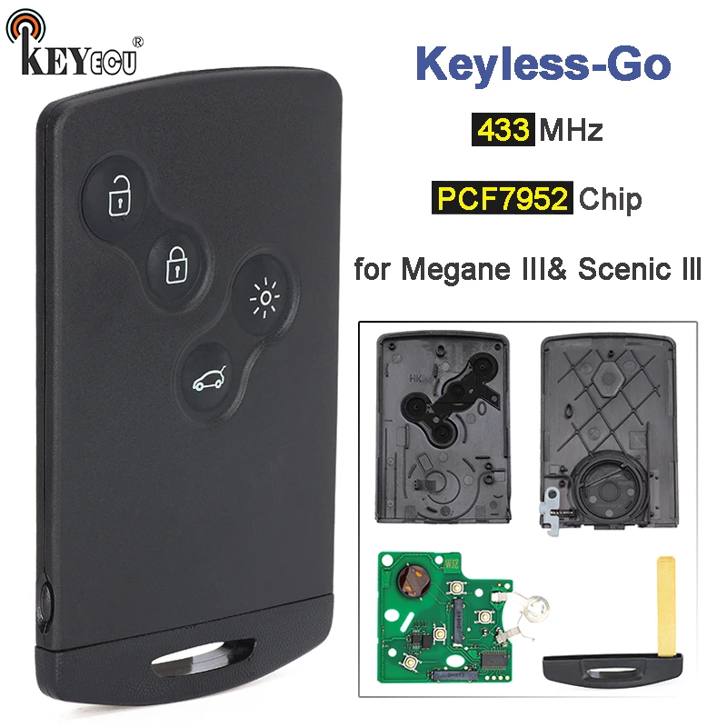 KEYECU 433MHz ID46 PCF7952A Kiip Keyless-Go Hand Free Smart Kaardi Serveri Võti Fob jaoks Renault Megane Scenic lll Laguna 3 Pilt 0 