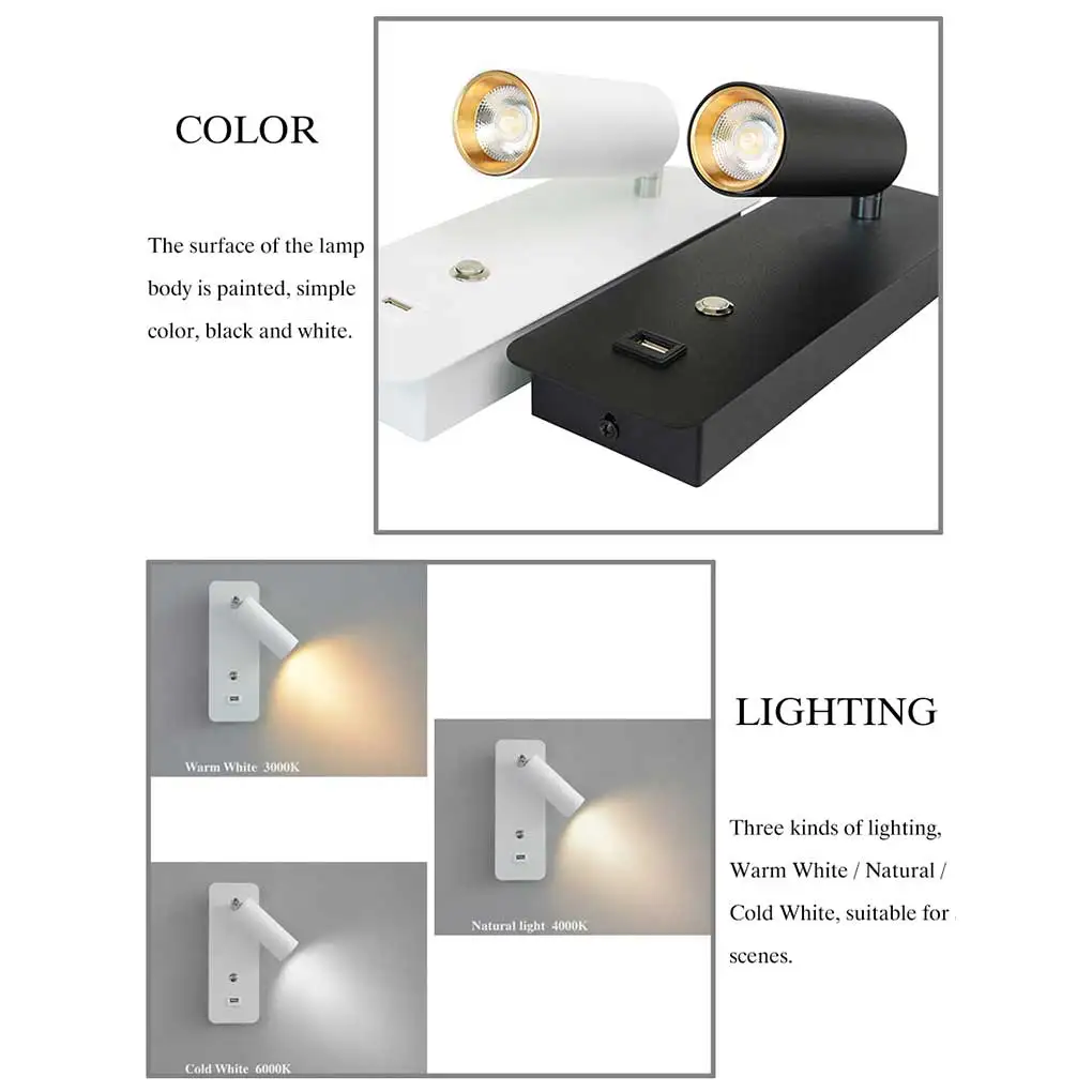 LED Seina Lamp USB Liides Siseruumides Reguleeritav Söögituba, Magamistuba, Vannituba, Köök Öö välisvalgustus Must Külm Valge Pilt 5 
