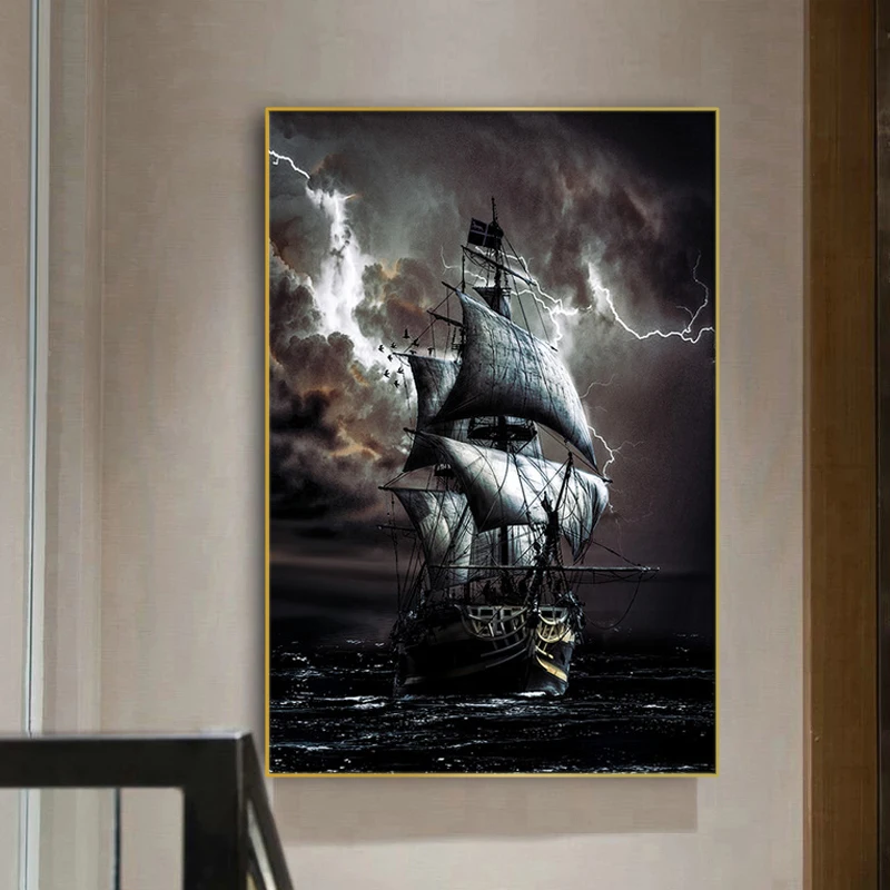 Pirate Laeva Värvimine Must Vintage purjelaev ja Välk Merel Lõuend Plakatid ja Pildid elutuba Teenetemärgi