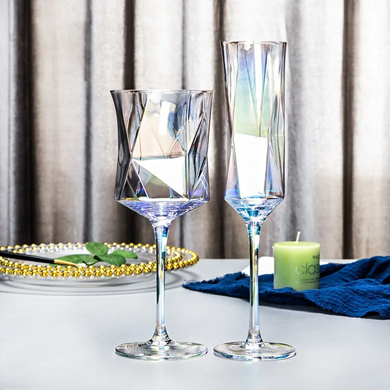 Põhjamaade Crystal Veini Klaase Kodu Läbipaistev Värviline Hulknurk Diamond Šampanja Klaas Pokaalilaadse Cup Kuldse Servaga Klaas Tassi Barware Pilt 1 