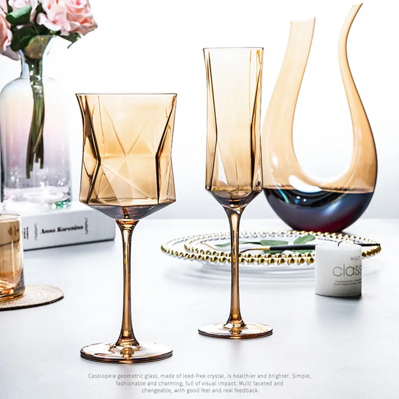 Põhjamaade Crystal Veini Klaase Kodu Läbipaistev Värviline Hulknurk Diamond Šampanja Klaas Pokaalilaadse Cup Kuldse Servaga Klaas Tassi Barware Pilt 2 