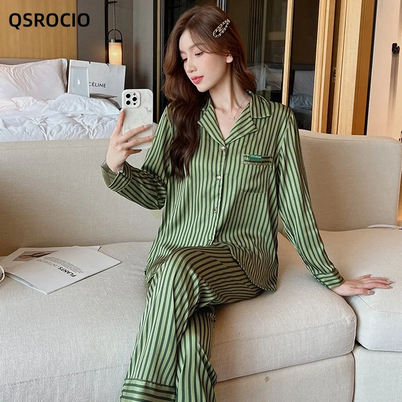 QSROCIO Kõrge Kvaliteediga Naiste Pidžaama Komplekt Vintage Stiilis Roheliste Triipudega Sleepwear Silk Nagu Casual Homewear Nightwear Femme Väike