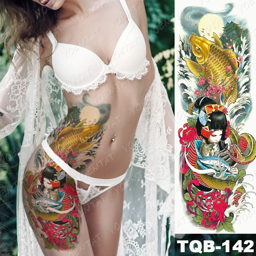Suur Arm Varruka Tätoveering Jaapani Geisha Veekindel Ajutine Tatto Kleebis Samurai Talje Jalg Body Art Täielik Võlts Tätoveering Naised Mehed Pilt 1 
