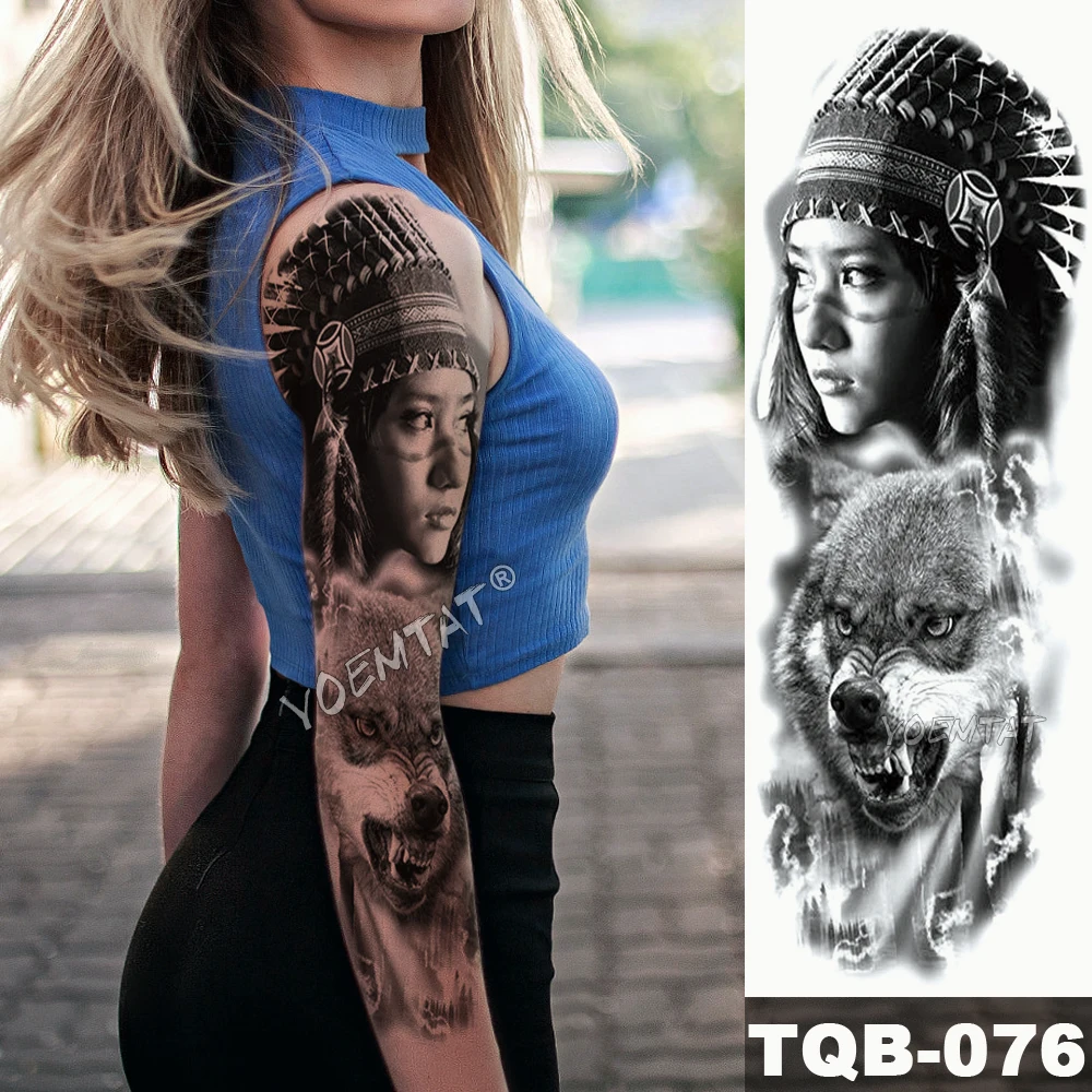 Suur Arm Veekindel Ajutine Tätoveering Kleebised Tribal Tüdruk Leopard, Lõvi Hunt Flash Tatto Naine Body Art Võltsitud Varruka Tätoveeringud Mees Pilt 5 